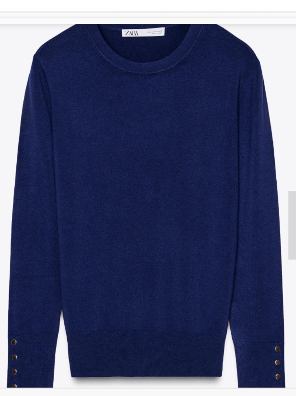 NWOT Stretchy Zara Cobalt Blue Crewneck Sweater with Gold Cuff Buttons